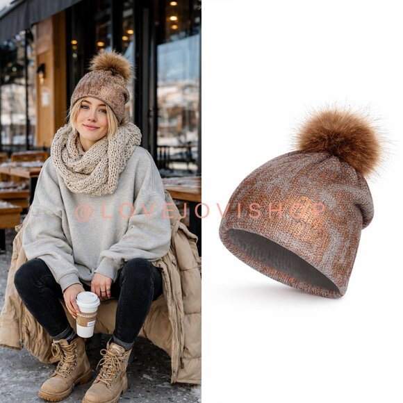 Cabincore | Rose Gold Painted Brushstroke Taupe Gray Winter Knit Hat Fur Pom Pom
